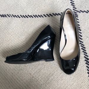 Nine West Black Patent Peep Toe Wedges